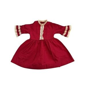 Vintage Girls Red Victorian Dress Lace Trim Ruffle Collar Button Back Size 3T